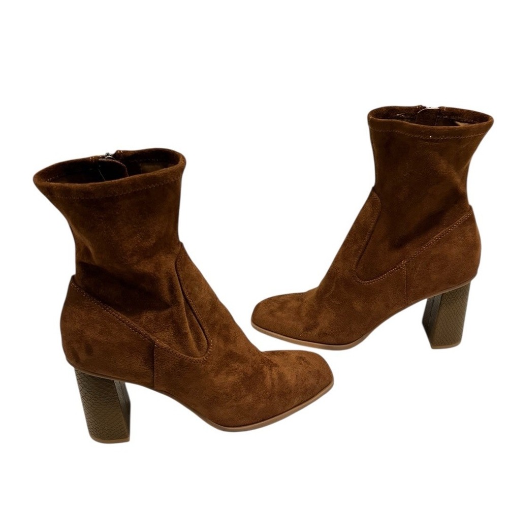 Dolce Vita Bootie Mono Cognac Vegan Suede Ankle Boots‎ Block Heel NWOB 7.5